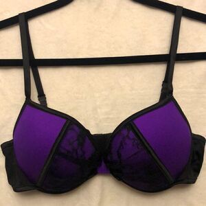 Coquette black lace purple satin push up underwire bra size L